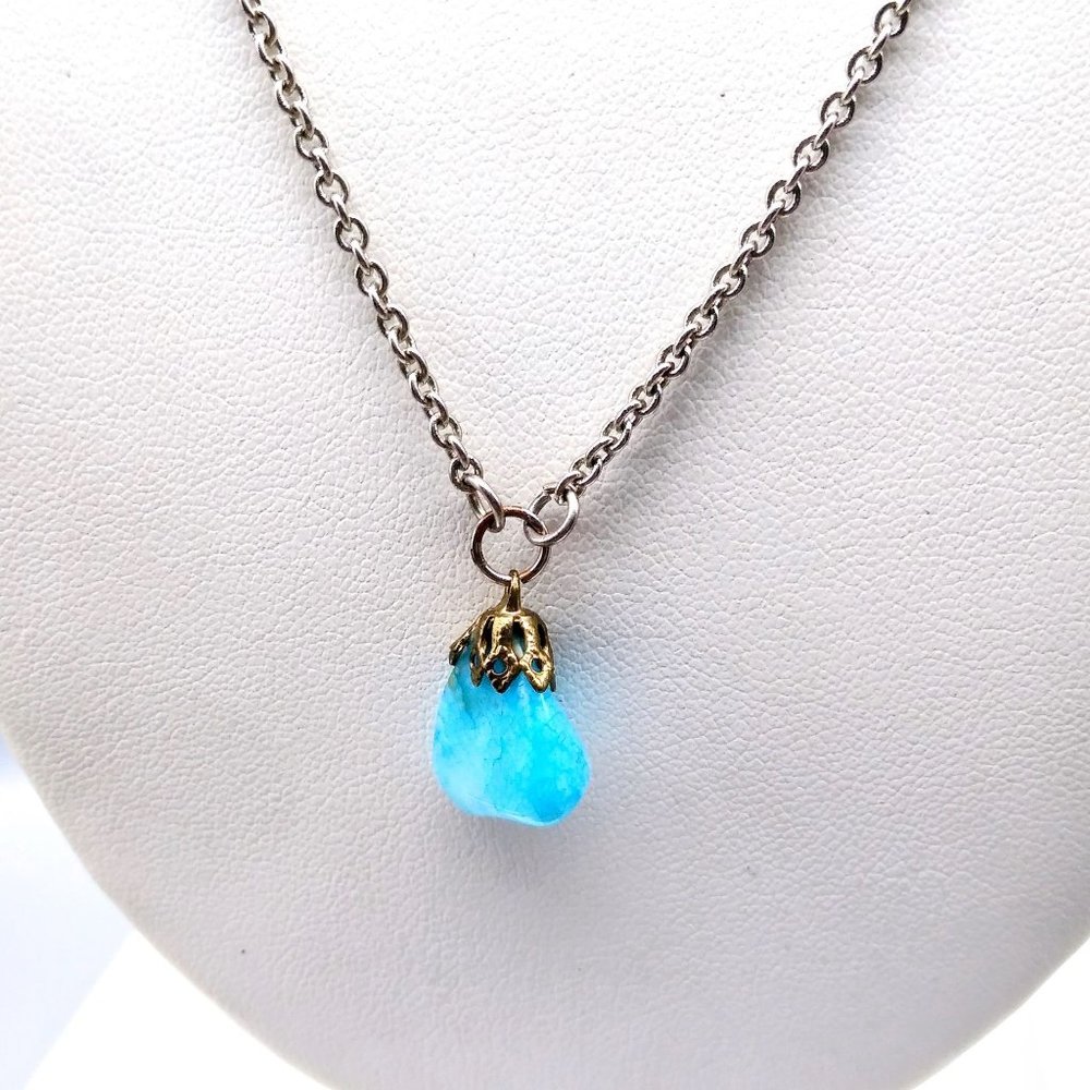 Natural Tumbled Blue Stone Pendant Necklace, Vintage Boho Dyed Quartz on Silver